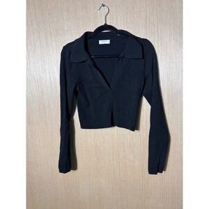 Babaton Black Ribbed Knit Collar Long Sleeve Crop Top Womens